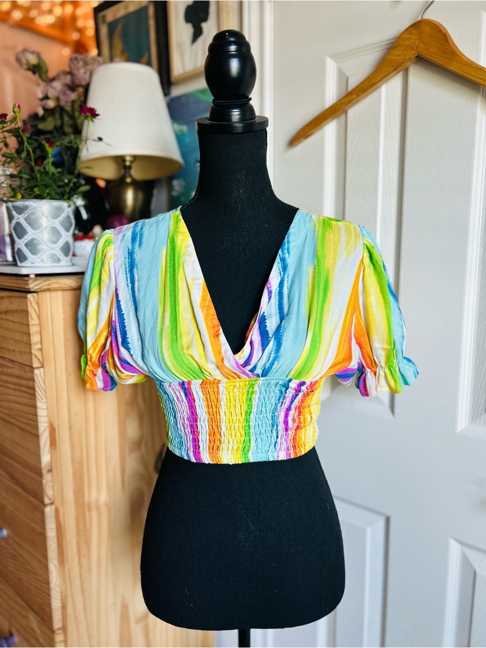 Iky & Me rainbow striped short sleeve open back crop top